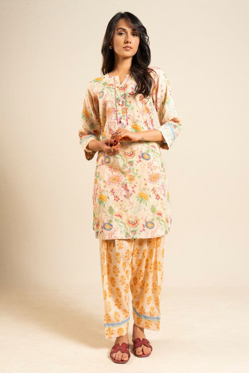 Beige Printed Lawn 2 Piece Unstitched Suit