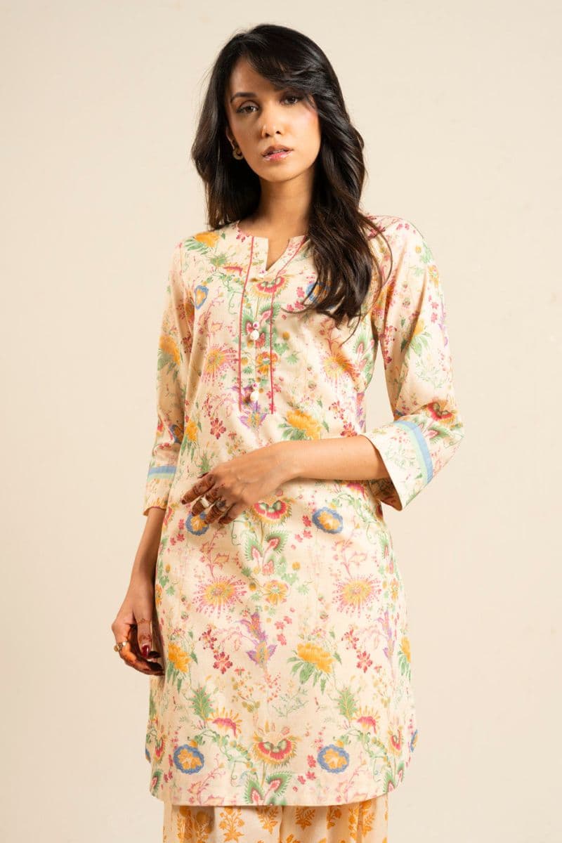Beige Printed Lawn 2 Piece Unstitched Suit