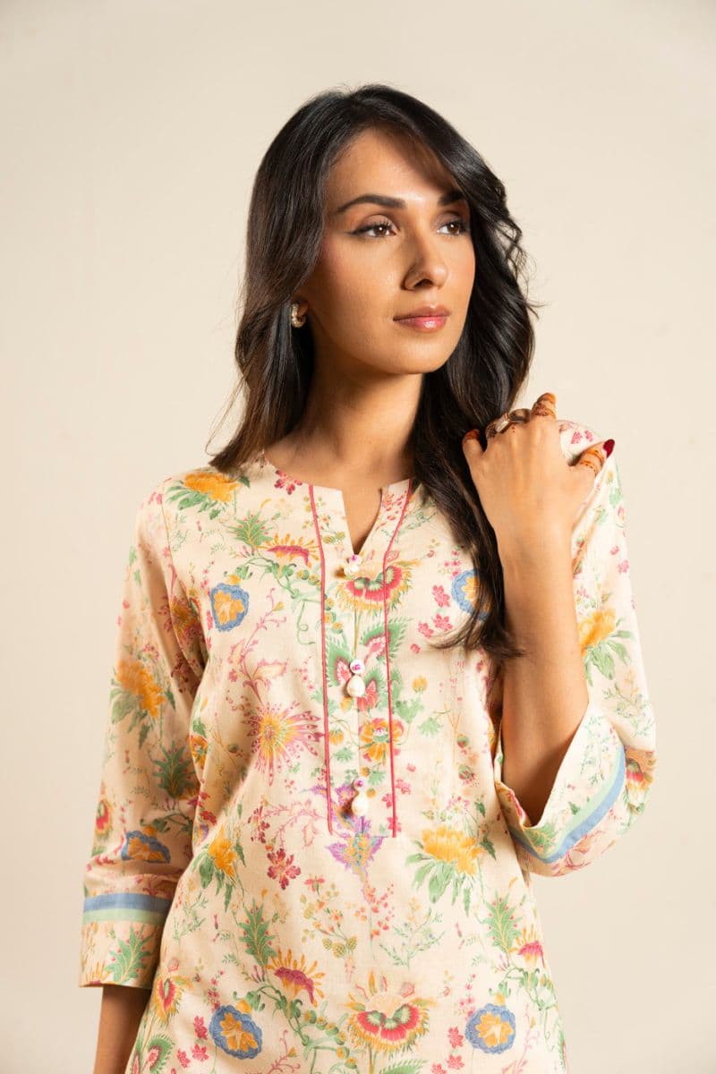 Beige Printed Lawn 2 Piece Unstitched Suit