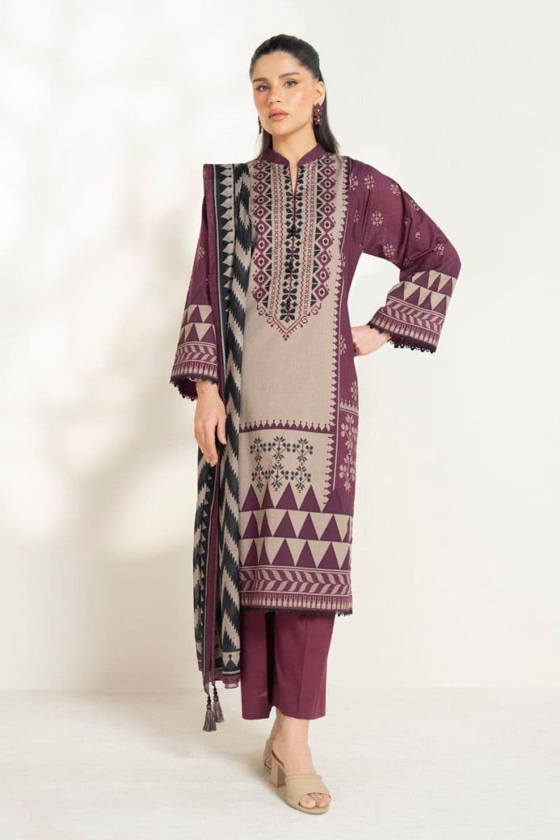 Maroon Printed Lawn 3 Piece Unstitched Suit