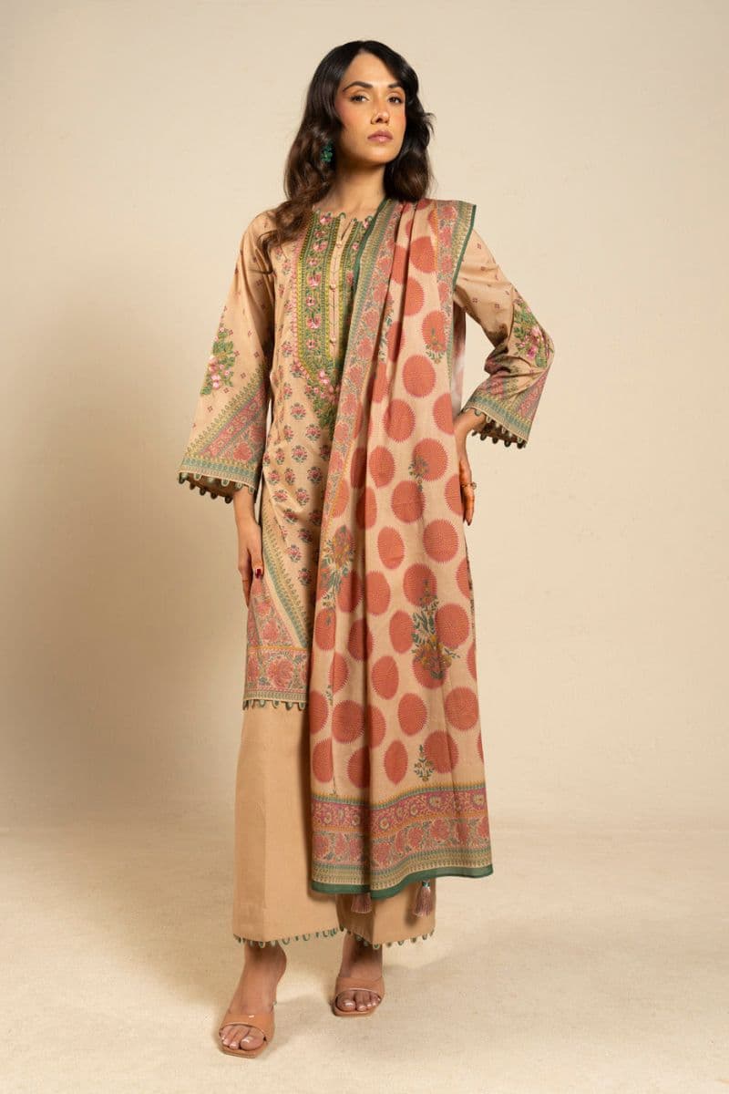 Beige Embroidered Printed Slub Lawn 3 Piece Unstitched Suit