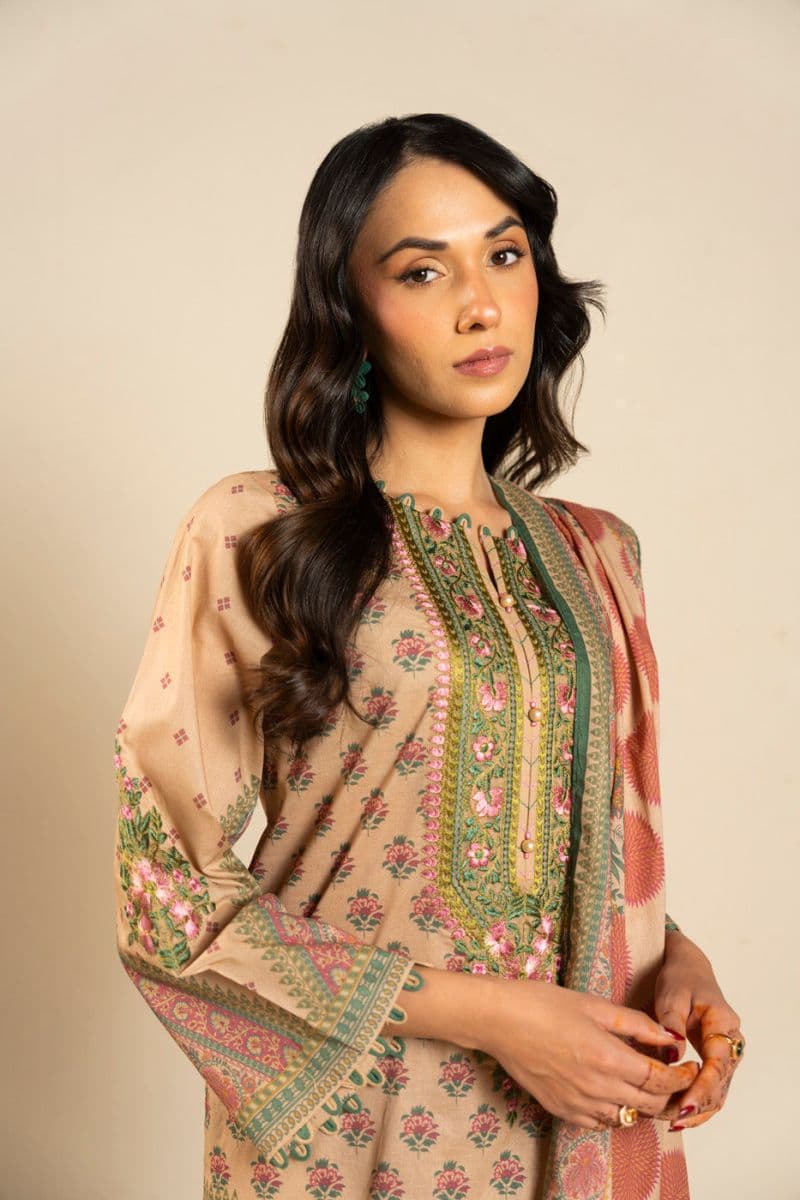 Beige Embroidered Printed Slub Lawn 3 Piece Unstitched Suit