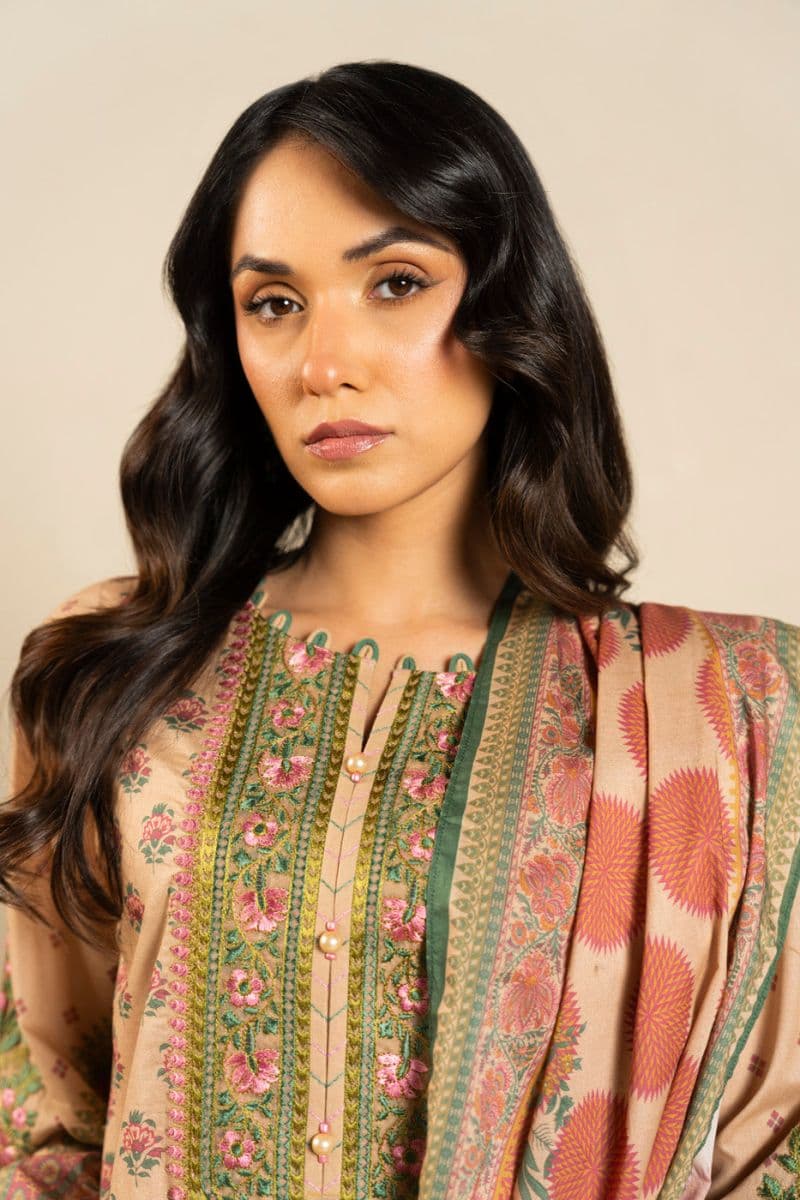 Beige Embroidered Printed Slub Lawn 3 Piece Unstitched Suit
