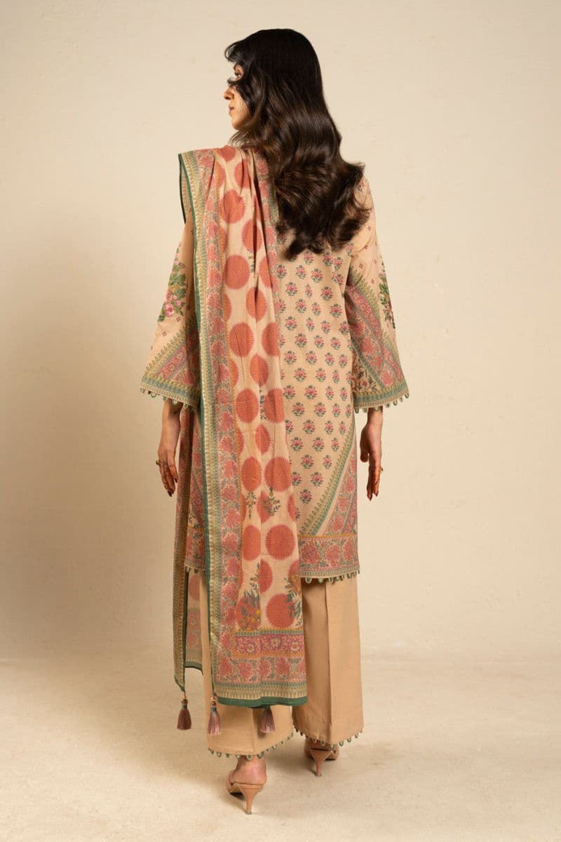 Beige Embroidered Printed Slub Lawn 3 Piece Unstitched Suit