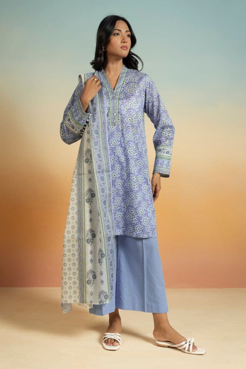 Blue Printed Lawn 3 Piece Unstitched Suit