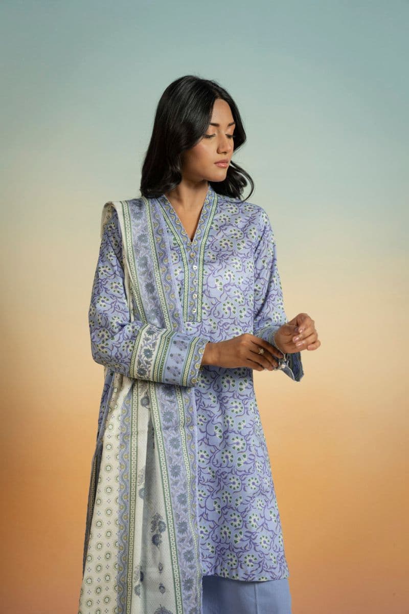Blue Printed Lawn 3 Piece Unstitched Suit