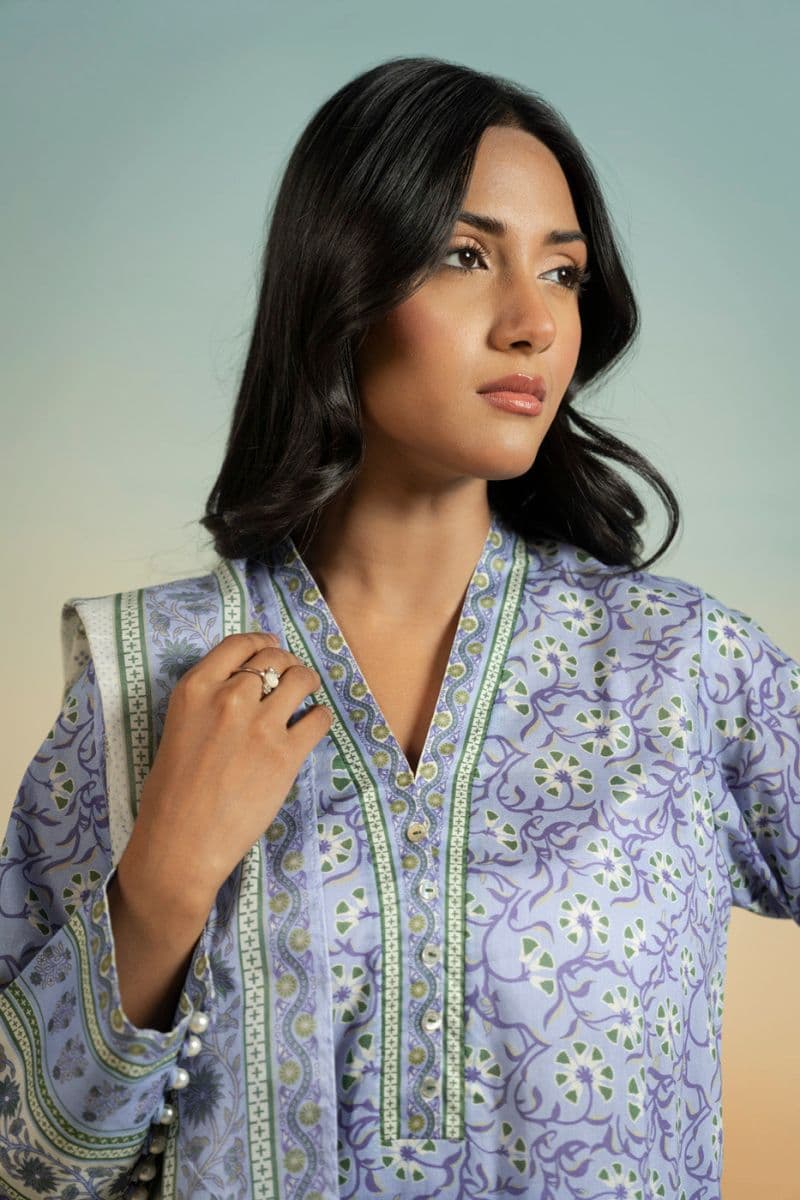 Blue Printed Lawn 3 Piece Unstitched Suit