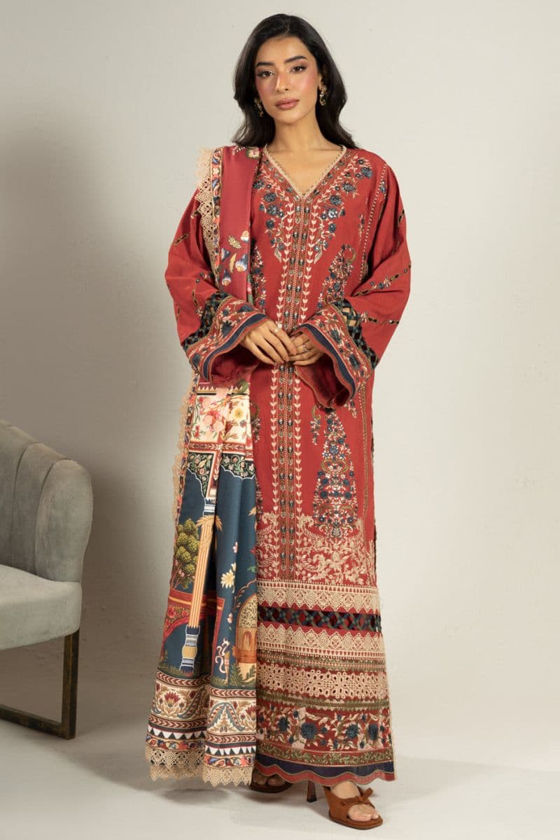 Red Embroidered Viscose 3 Piece Unstitched Suit