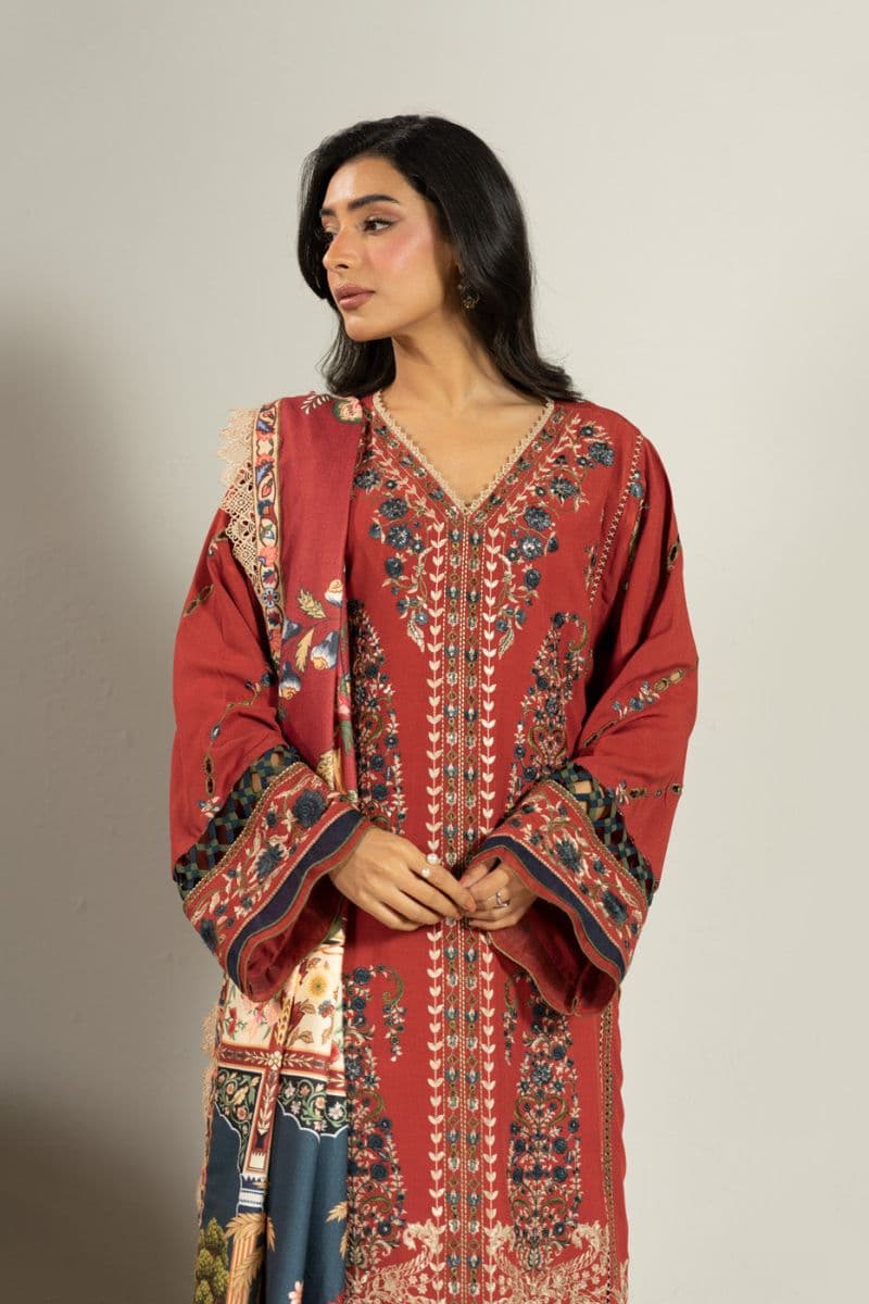 Red Embroidered Viscose 3 Piece Unstitched Suit