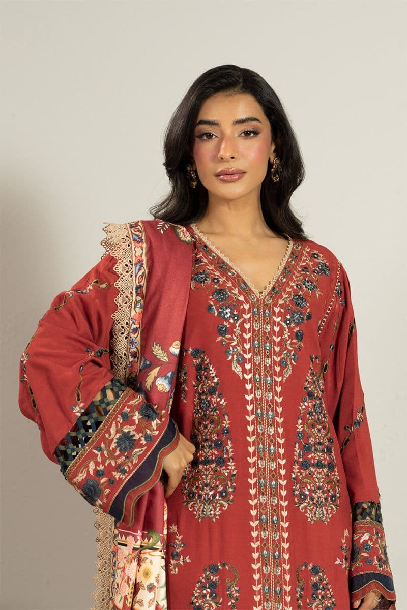 Red Embroidered Viscose 3 Piece Unstitched Suit