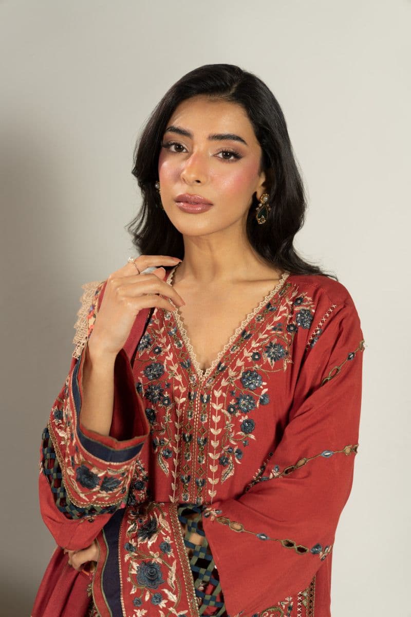 Red Embroidered Viscose 3 Piece Unstitched Suit