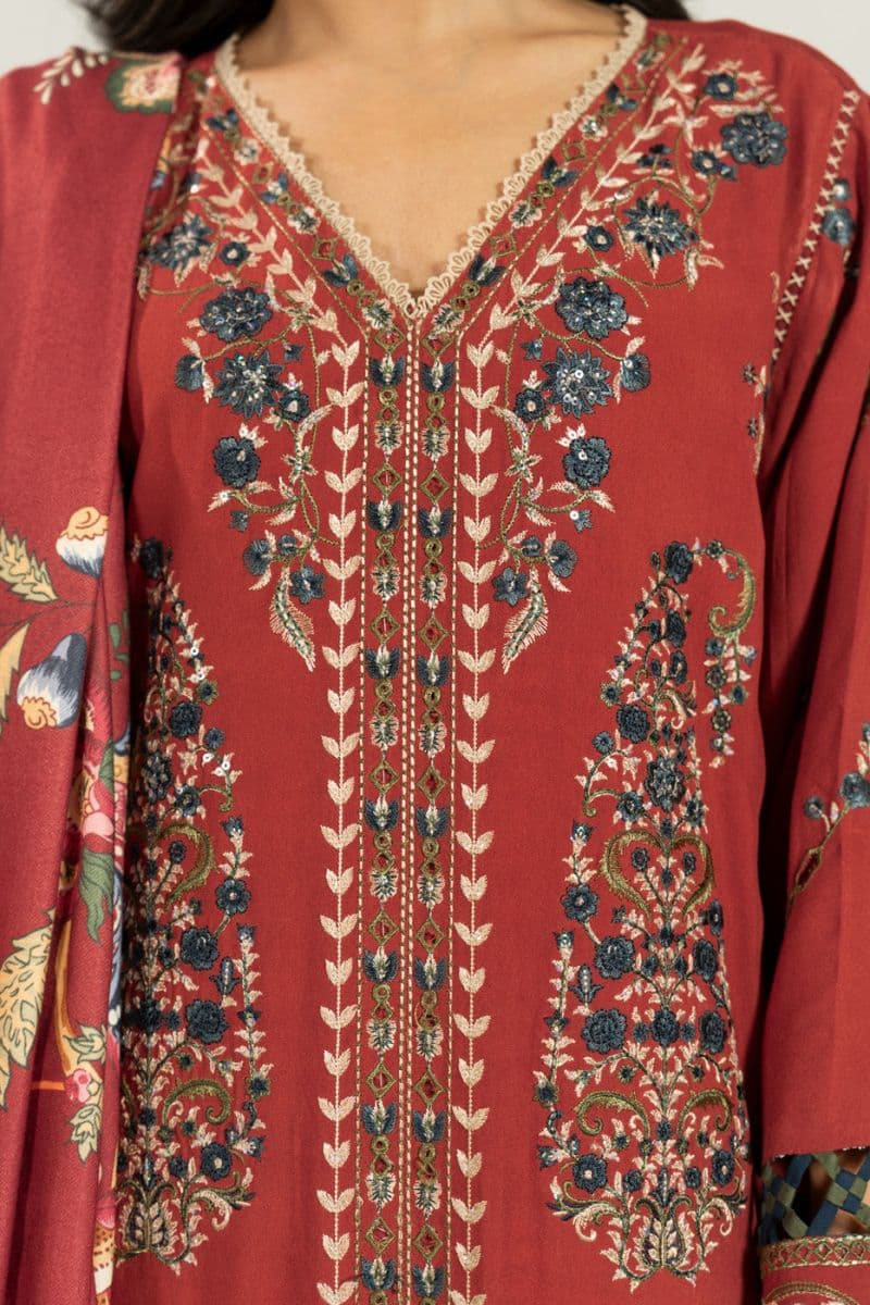 Red Embroidered Viscose 3 Piece Unstitched Suit