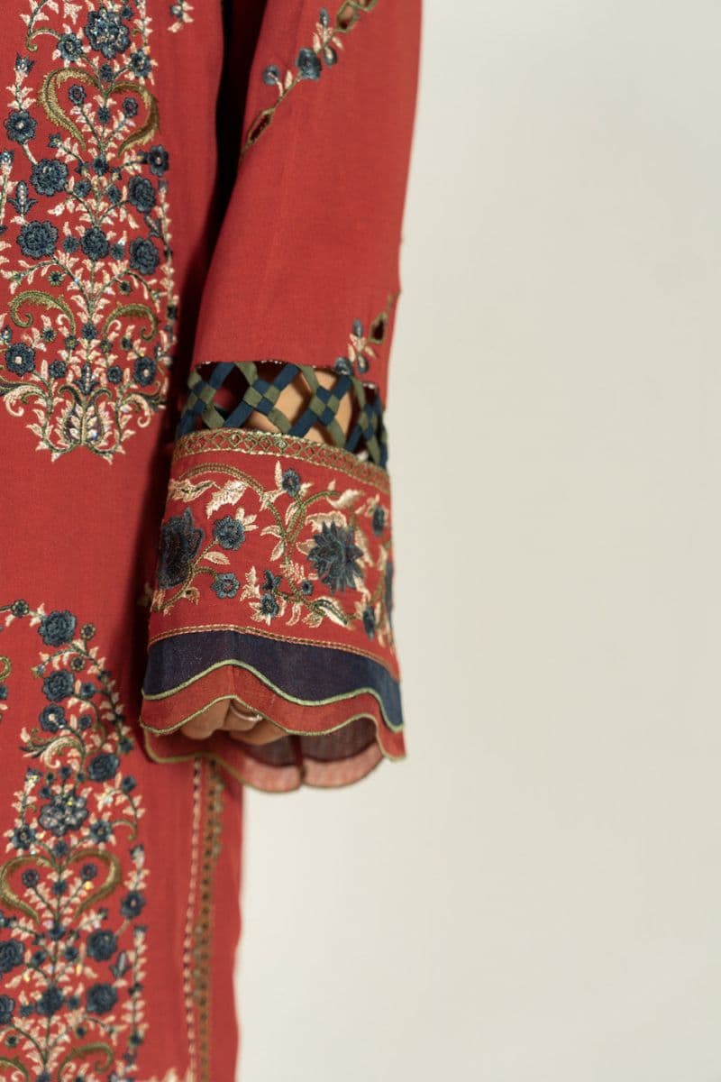 Red Embroidered Viscose 3 Piece Unstitched Suit