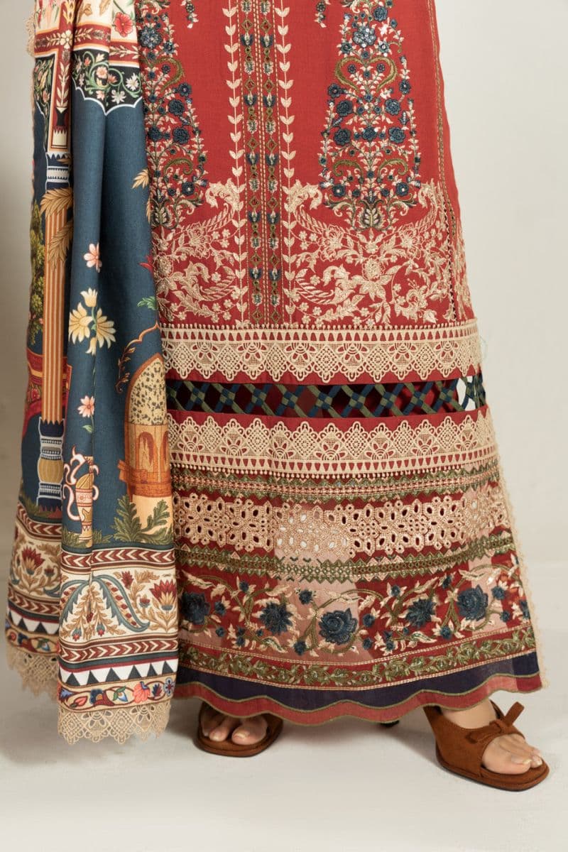 Red Embroidered Viscose 3 Piece Unstitched Suit