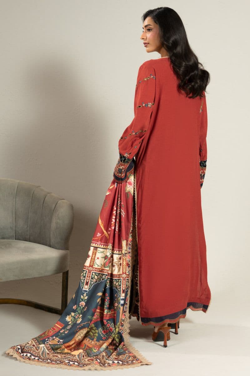 Red Embroidered Viscose 3 Piece Unstitched Suit