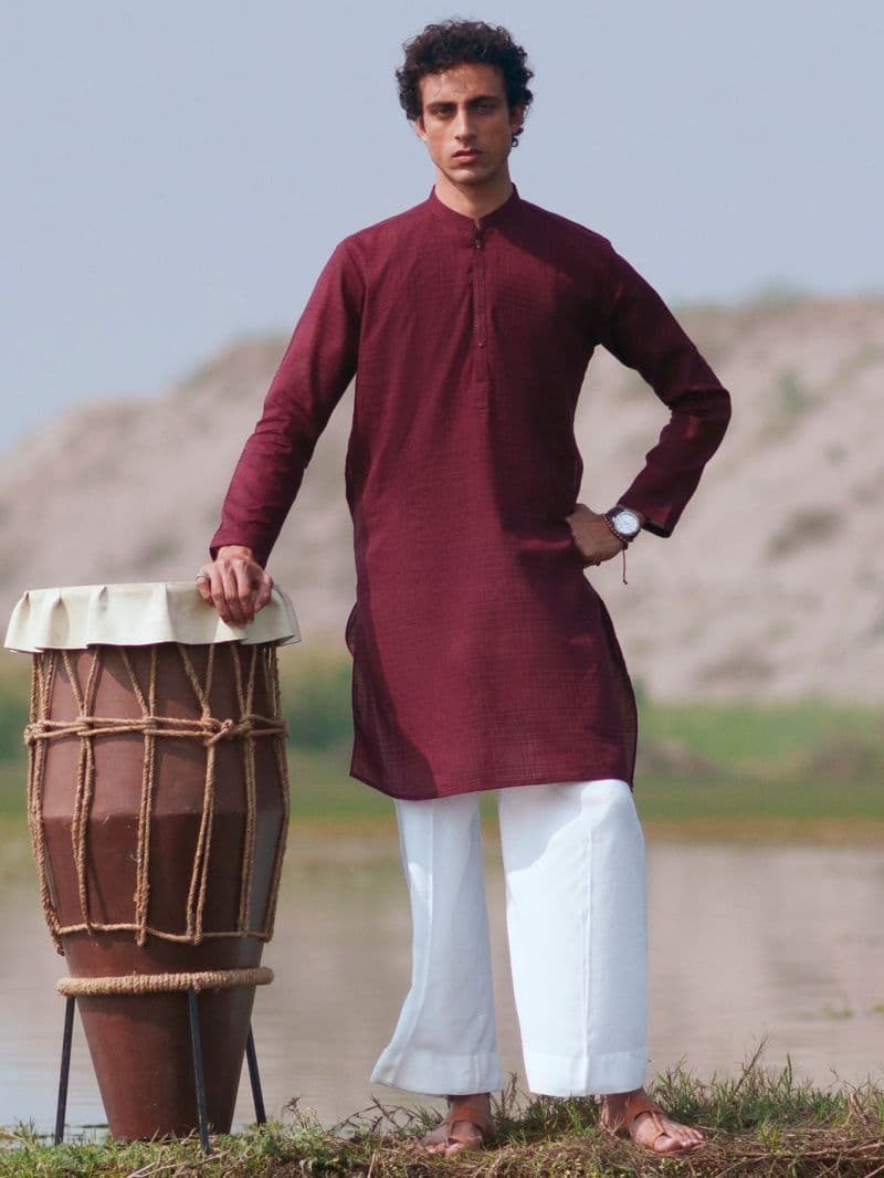 Maroon Cotton Kurta Trousers thumbnail