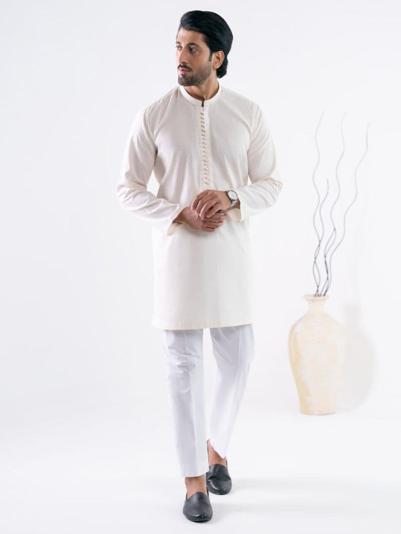 Off White Cotton Screen Print Kurta Trousers thumbnail