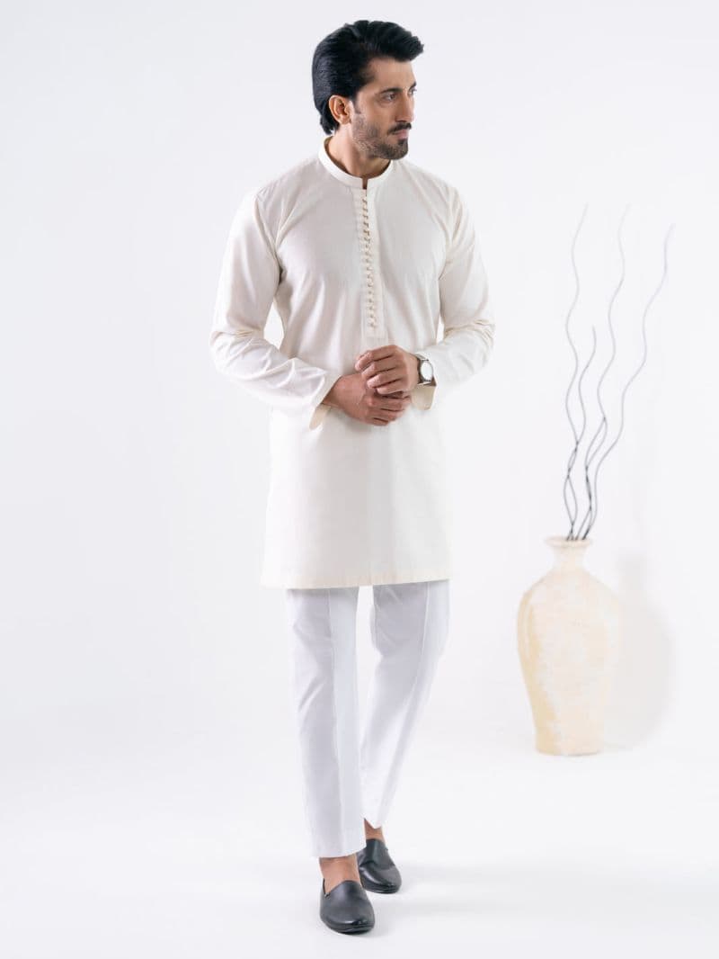 Off White Cotton Screen Print Kurta Trousers thumbnail