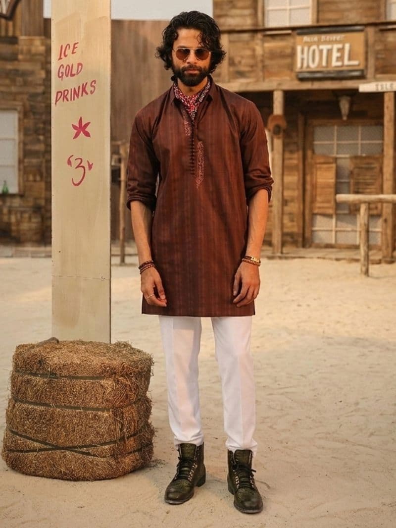 Dark Brown Cotton Screen Print Kurta Trousers