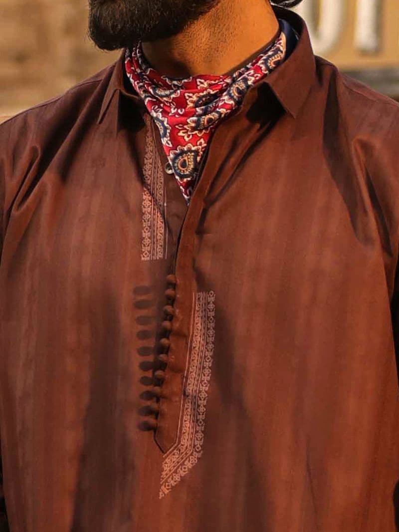 Dark Brown Cotton Screen Print Kurta Trousers