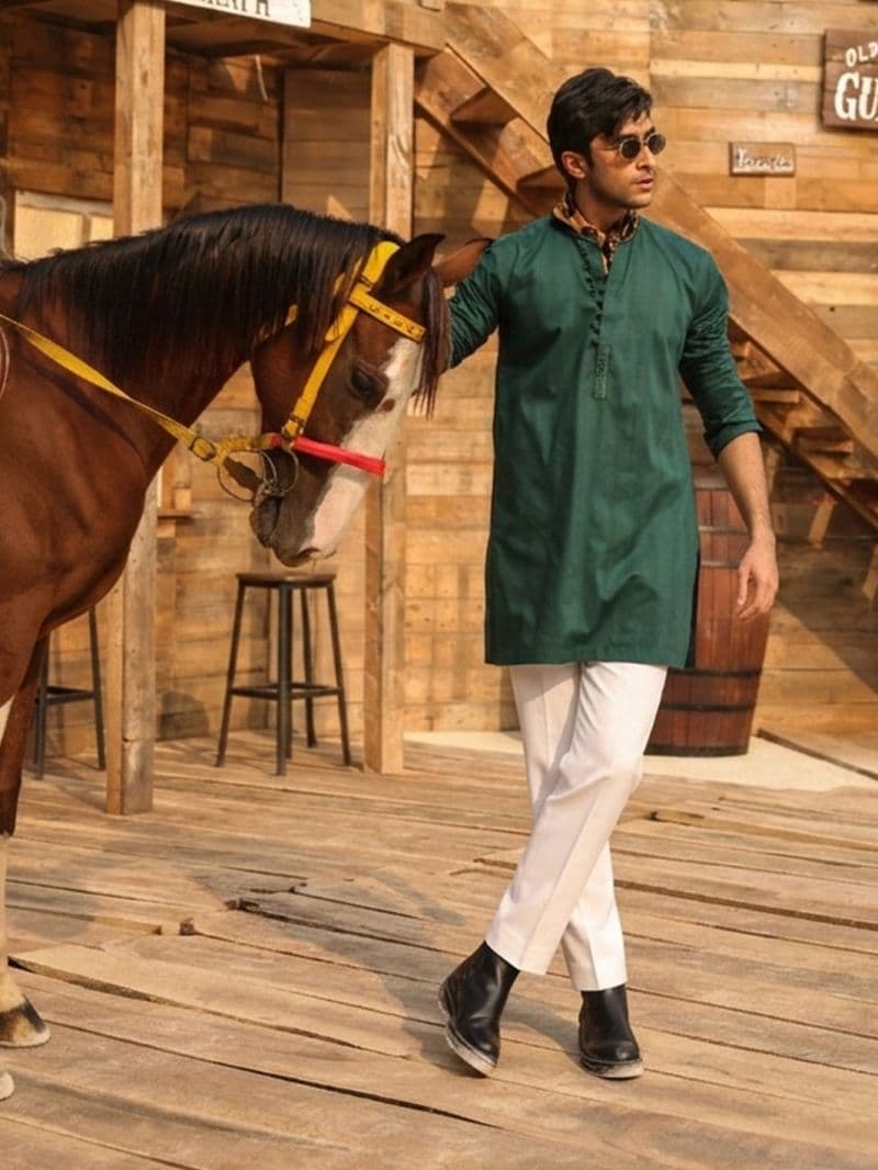 Green Cotton Screen Print Kurta Trousers