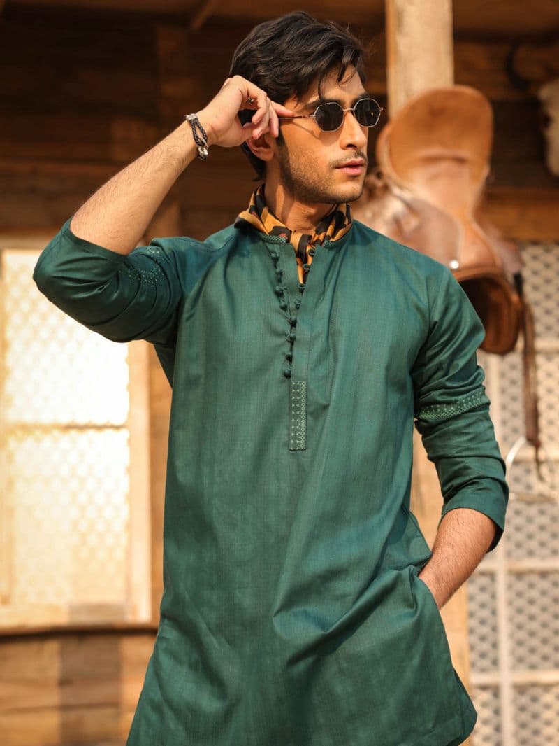 Green Cotton Screen Print Kurta Trousers
