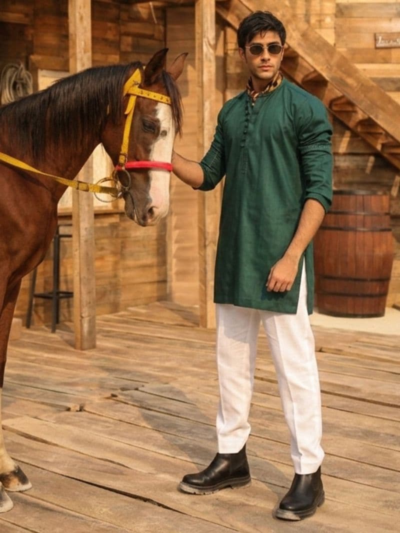 Green Cotton Screen Print Kurta Trousers