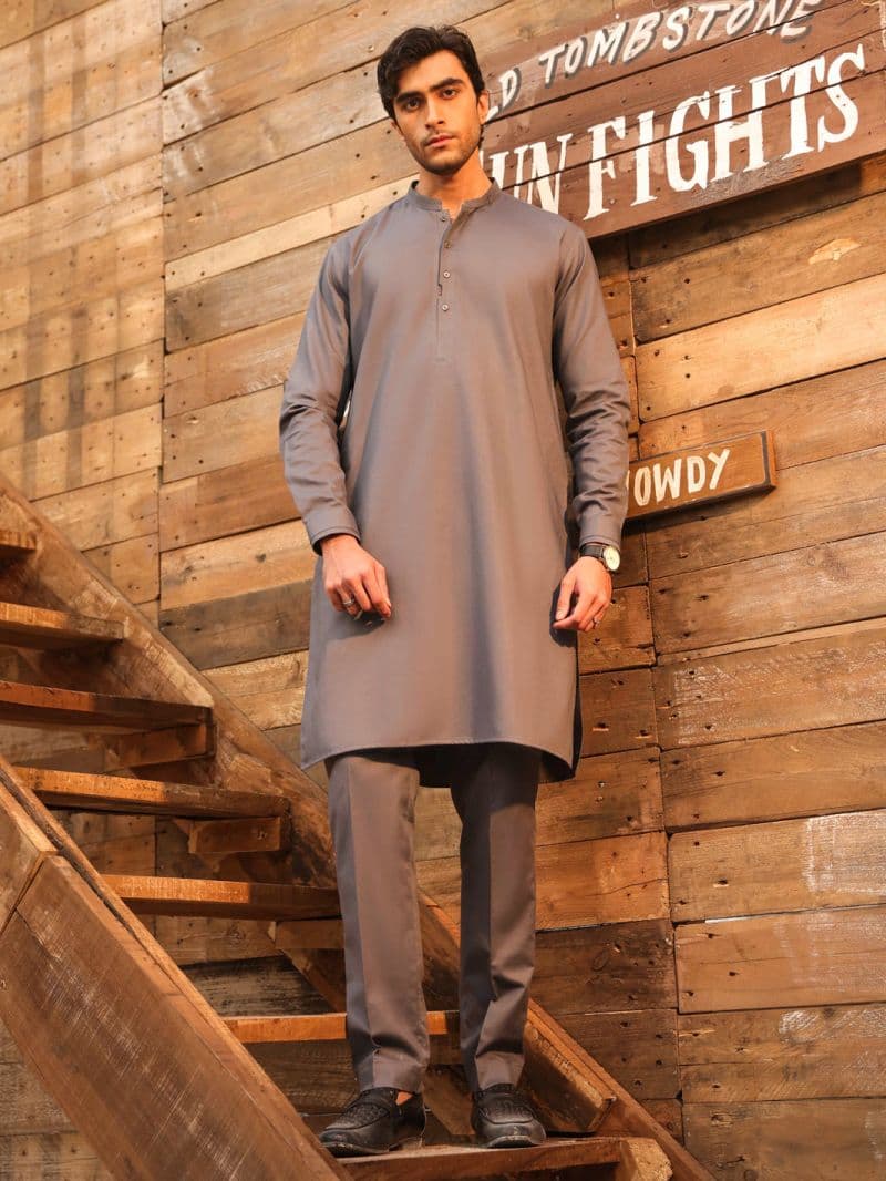 Grey Cotton Cut & Sew Kurta Trousers