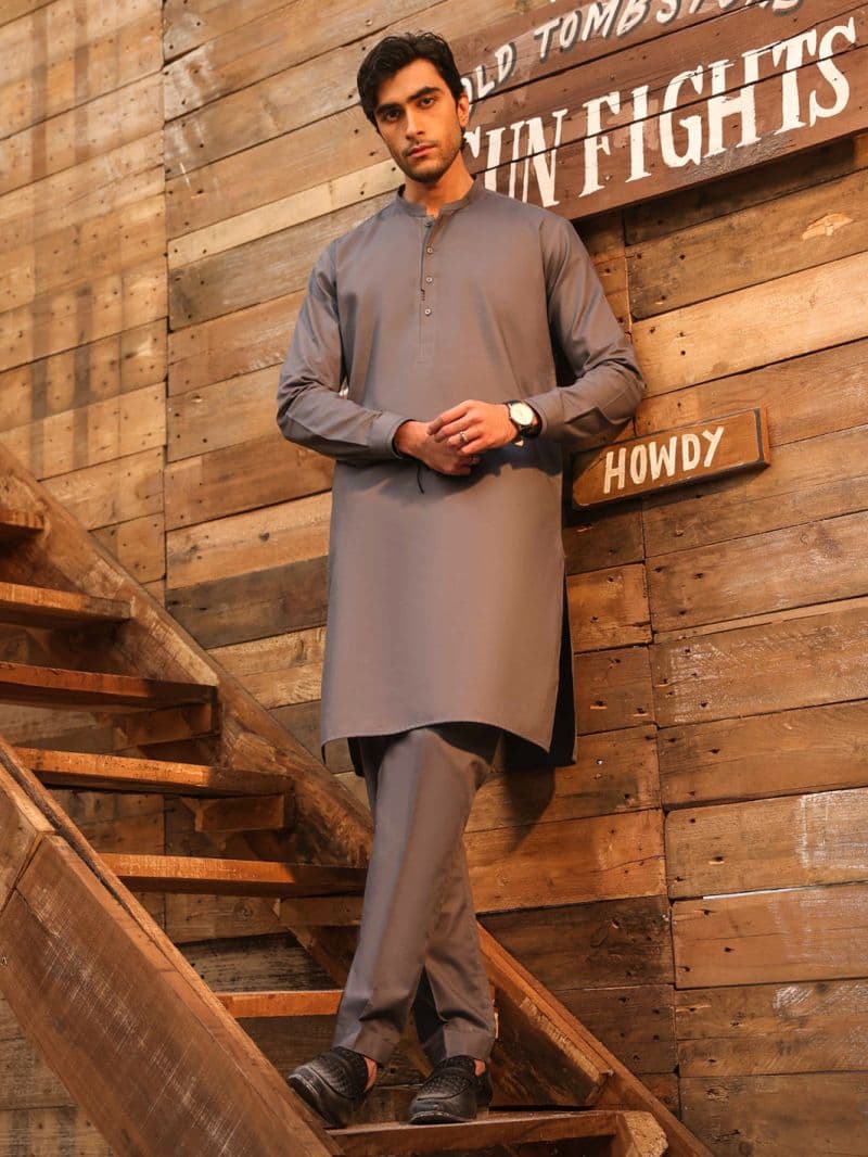 Grey Cotton Cut & Sew Kurta Trousers
