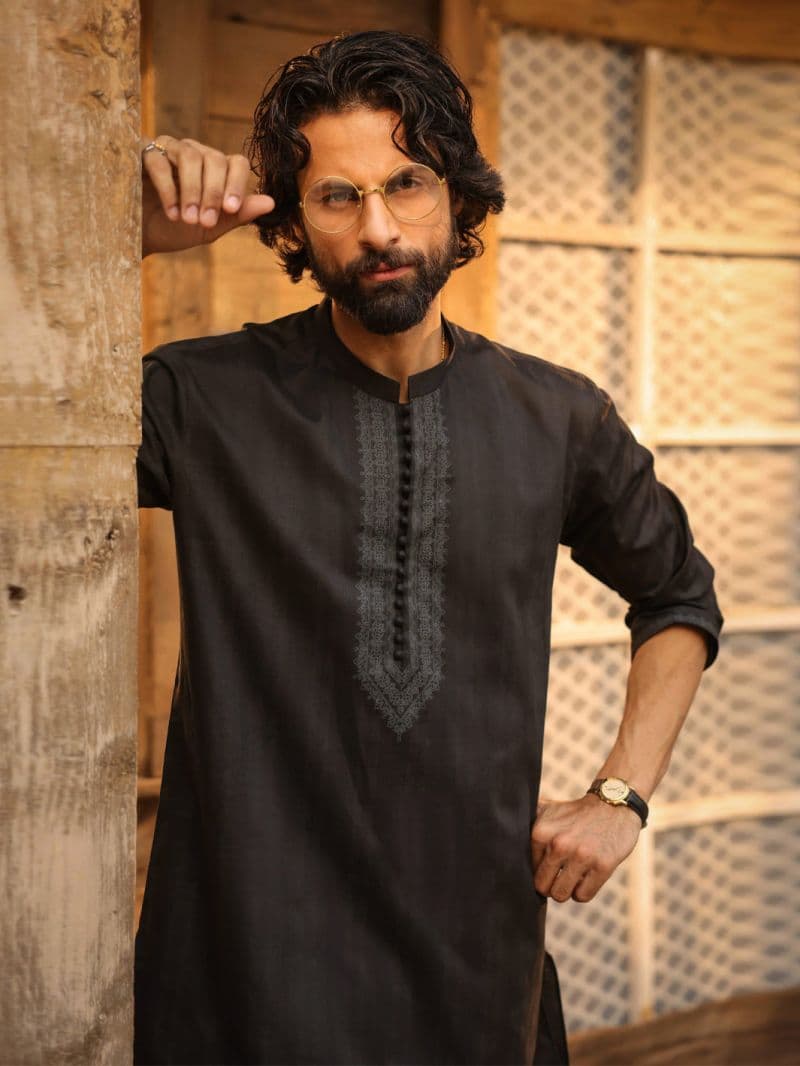 Black Cotton Screen Printed Kurta Trouser thumbnail
