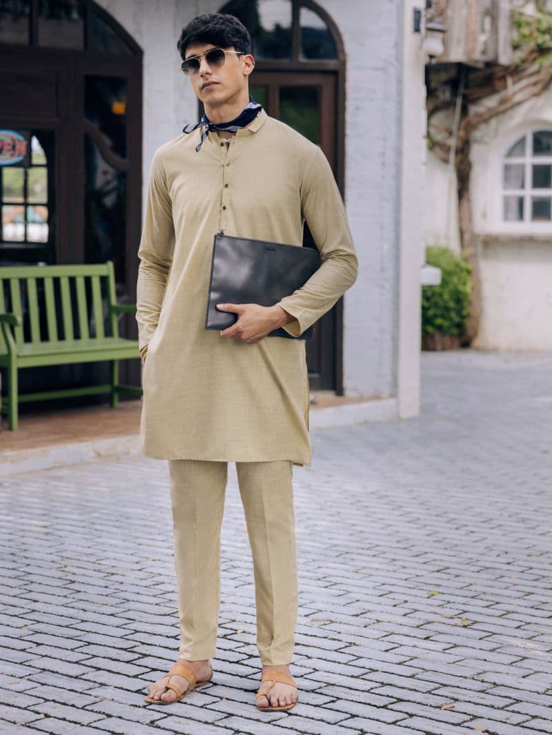 Beige Blended Kurta Trouser thumbnail