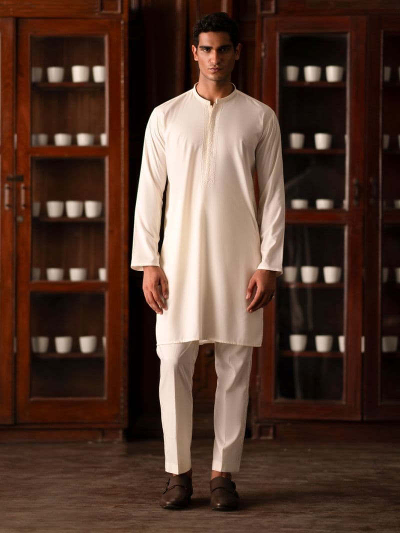 Off White Blended Kurta Trouser thumbnail