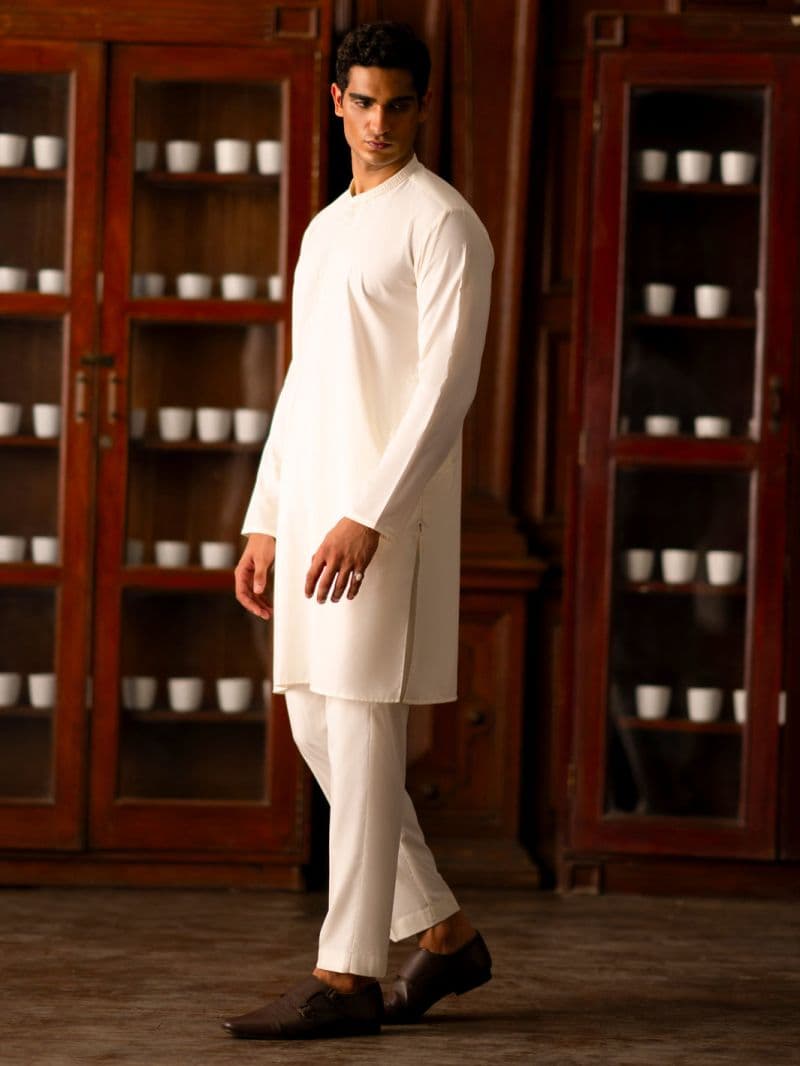Off White Blended Kurta Trouser thumbnail