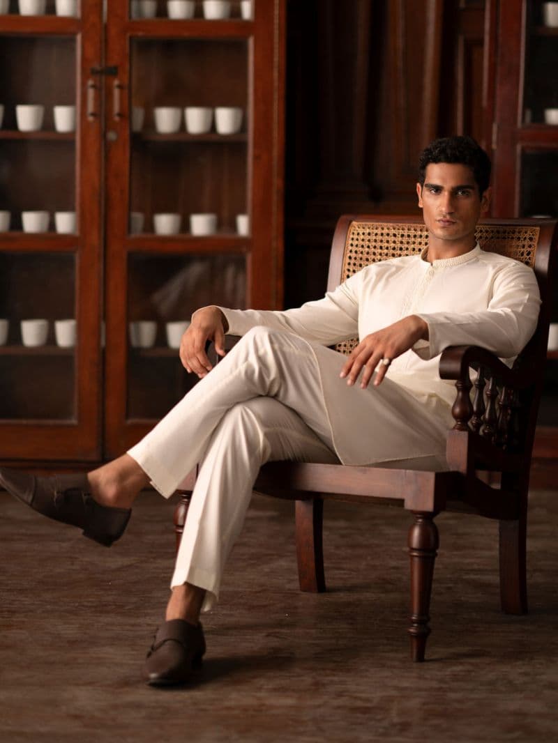 Off White Blended Kurta Trouser thumbnail
