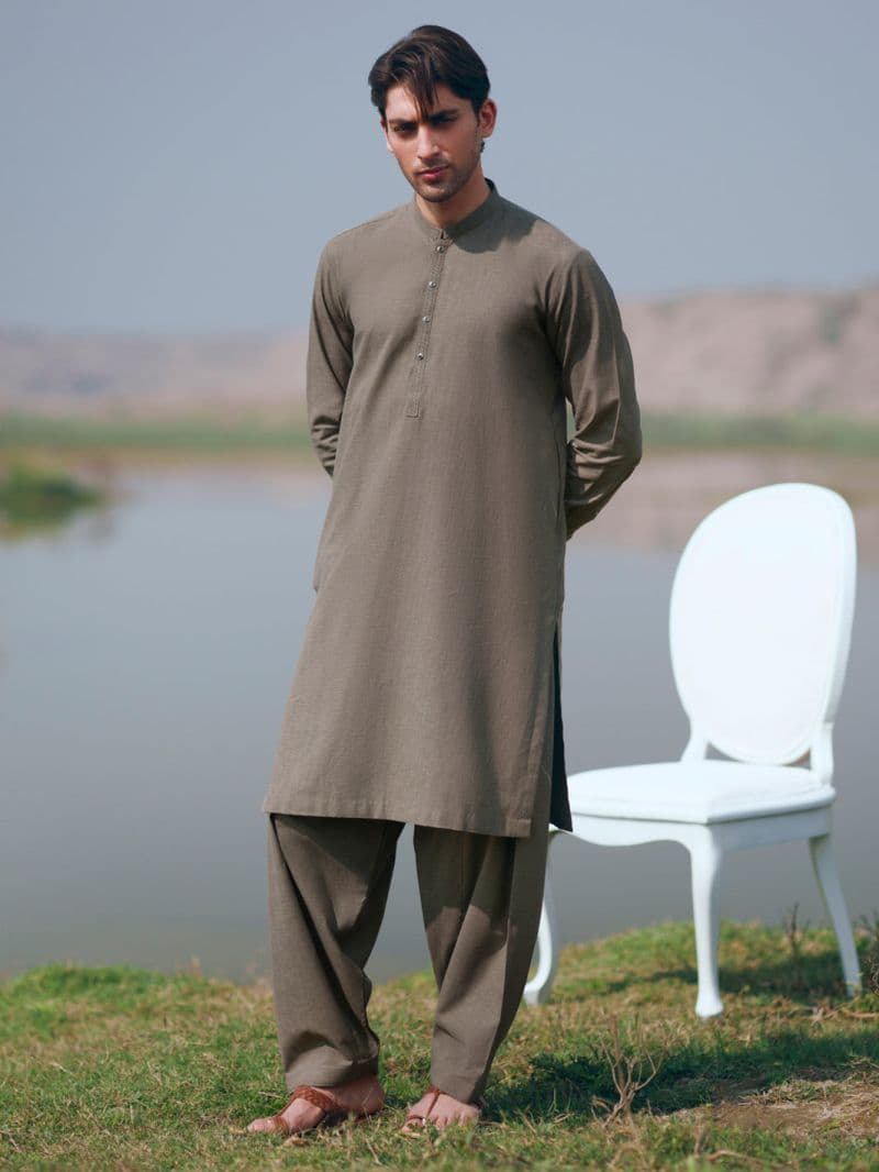 Olive Green Cut & Sew Kameez Shalwar thumbnail