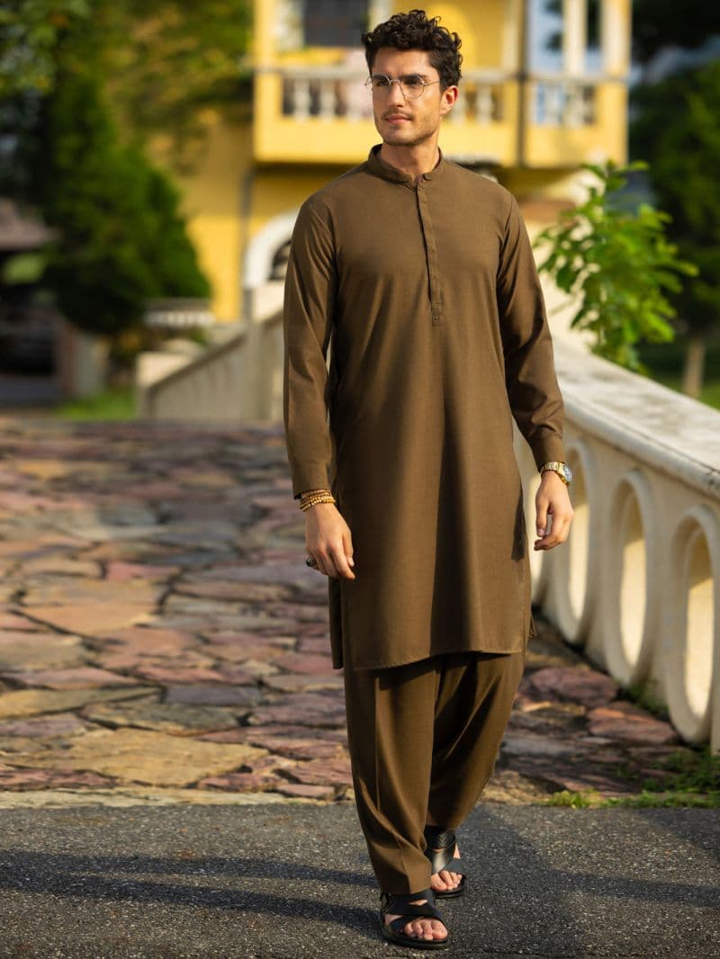 Olive Green Blended Kameez Shalwar thumbnail