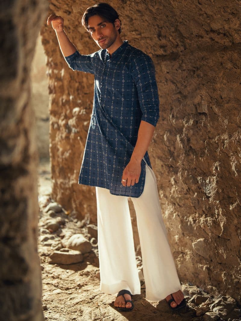Blue Cotton Semi-Formal Kurta