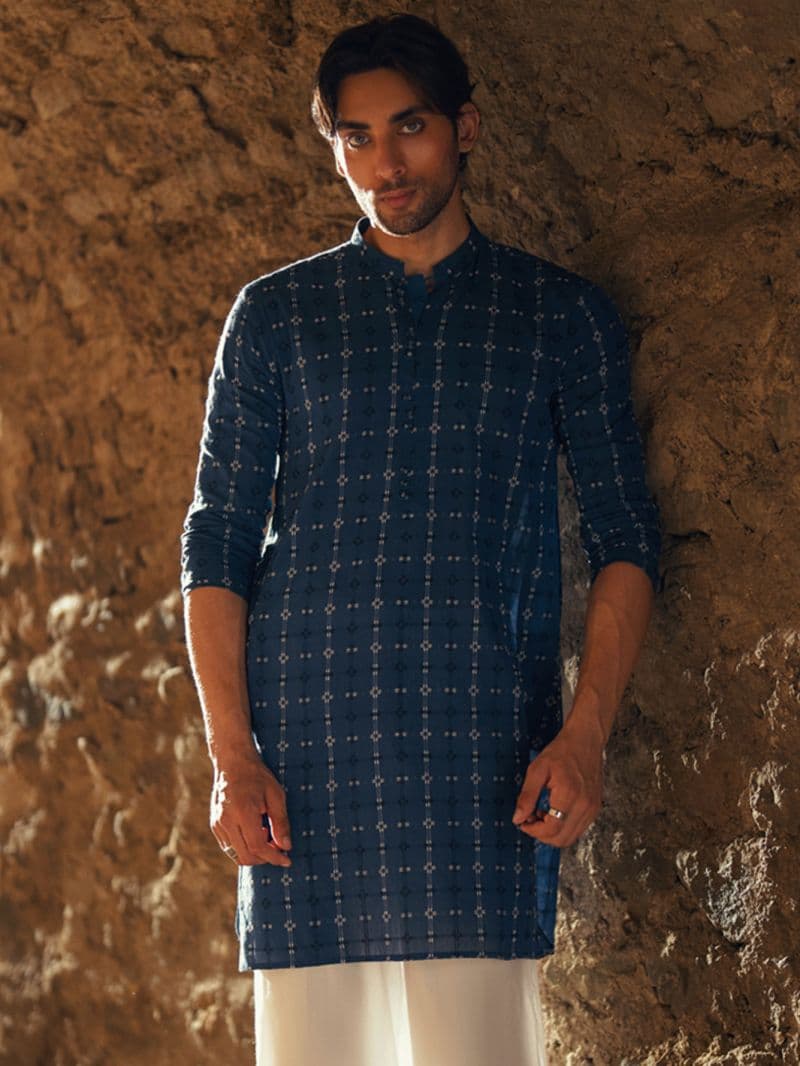 Blue Cotton Semi-Formal Kurta