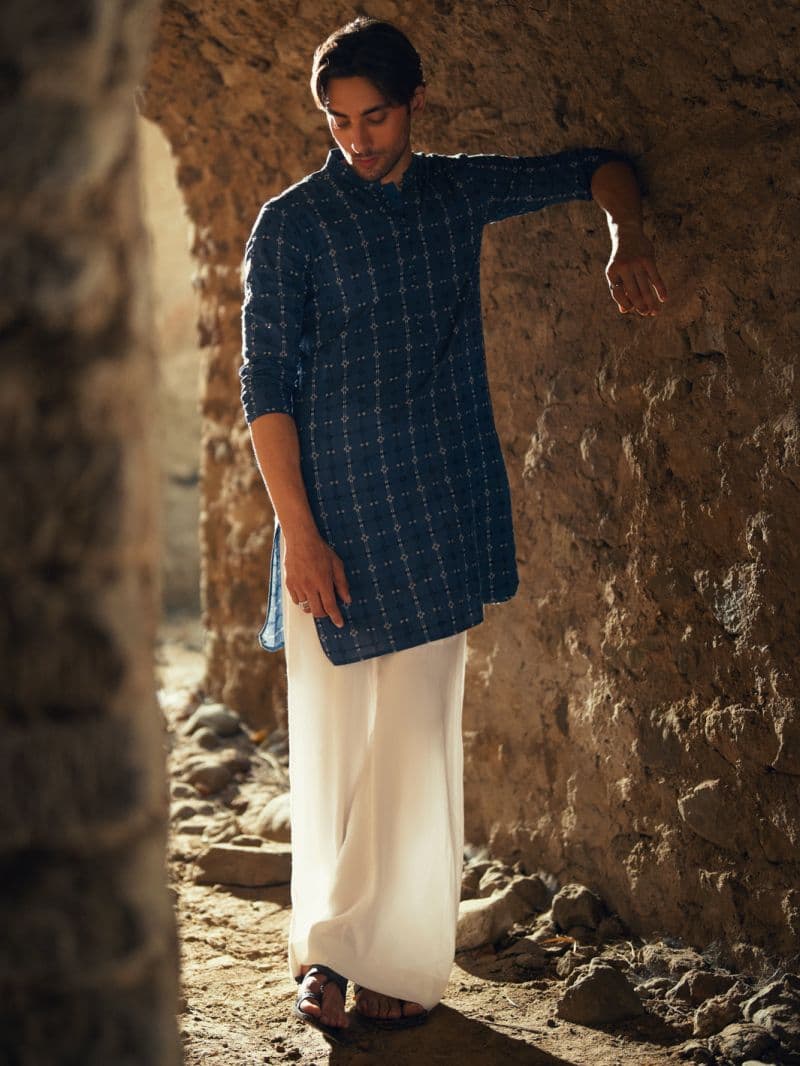 Blue Cotton Semi-Formal Kurta