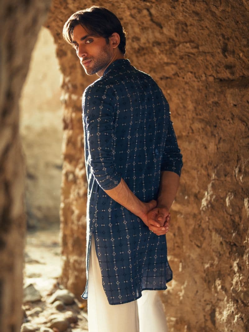 Blue Cotton Semi-Formal Kurta
