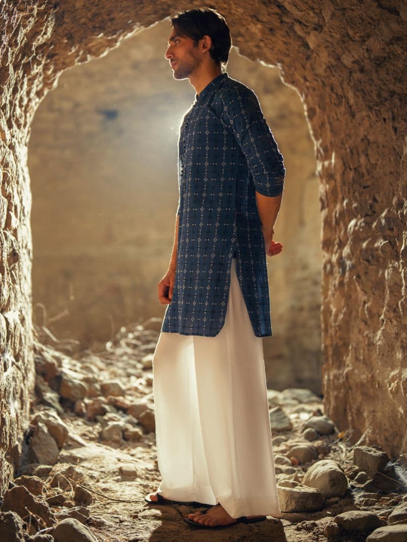Blue Cotton Semi-Formal Kurta