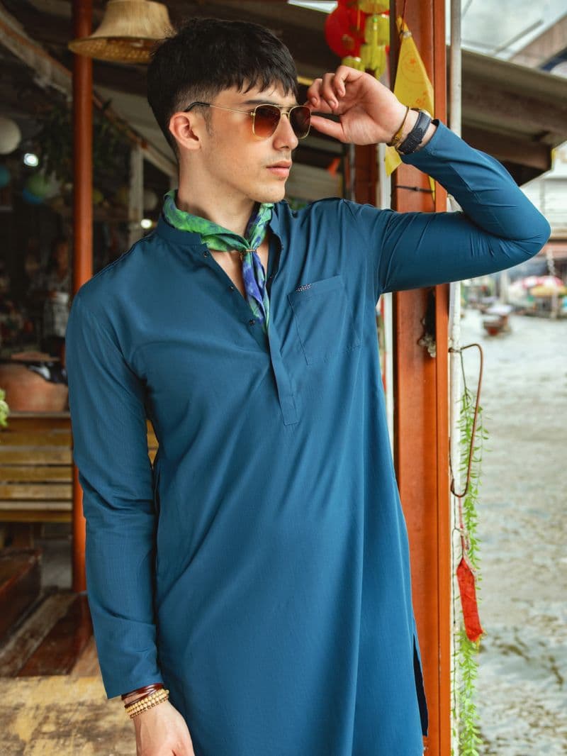 Teal Blue Blended Kurta thumbnail