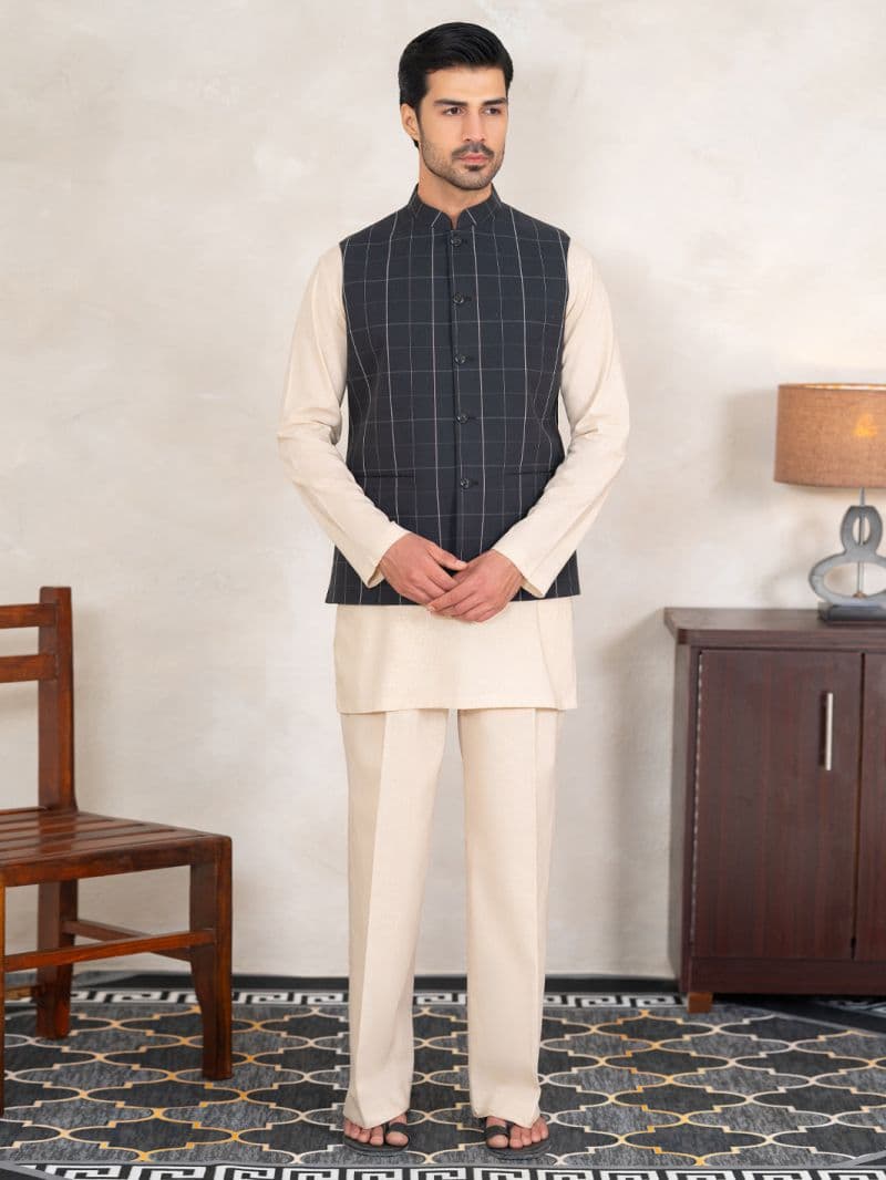 Black Cotton Plain Waistcoat