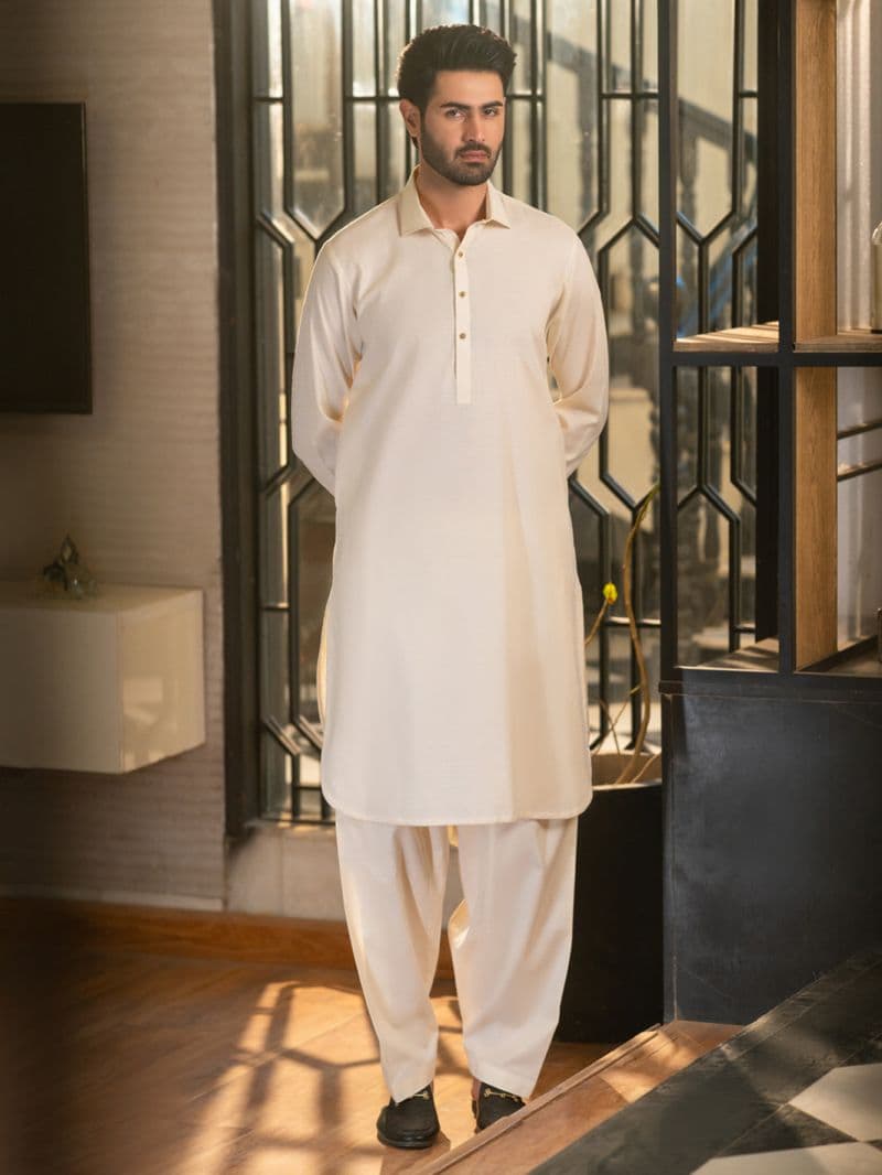 Cream Cotton Plain Kameez Shalwar thumbnail