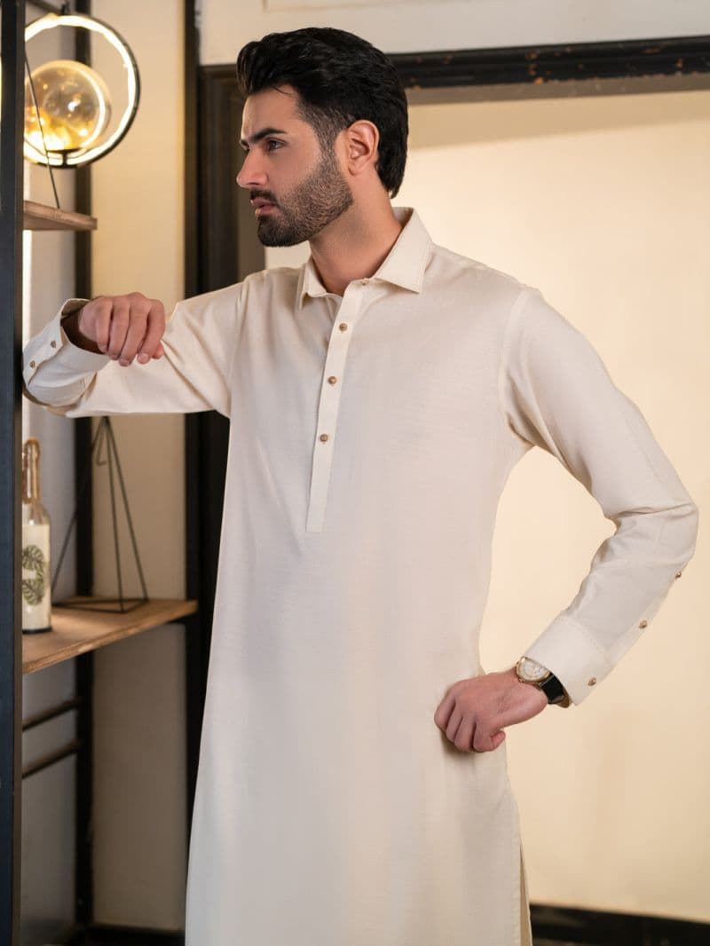 Cream Cotton Plain Kameez Shalwar thumbnail