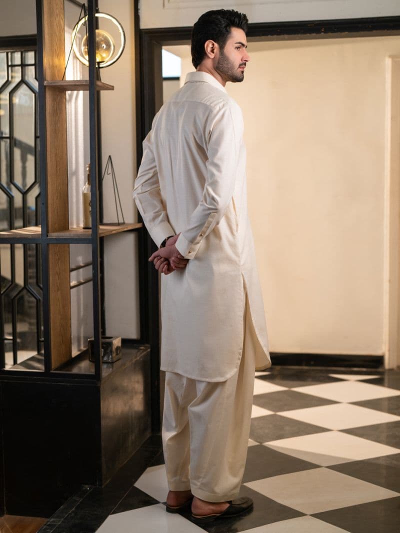 Cream Cotton Plain Kameez Shalwar thumbnail
