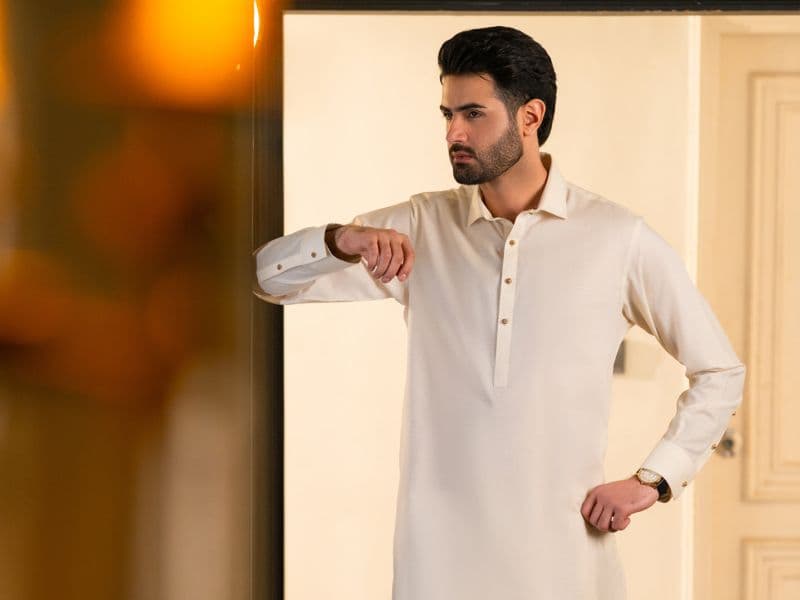 Cream Cotton Plain Kameez Shalwar thumbnail