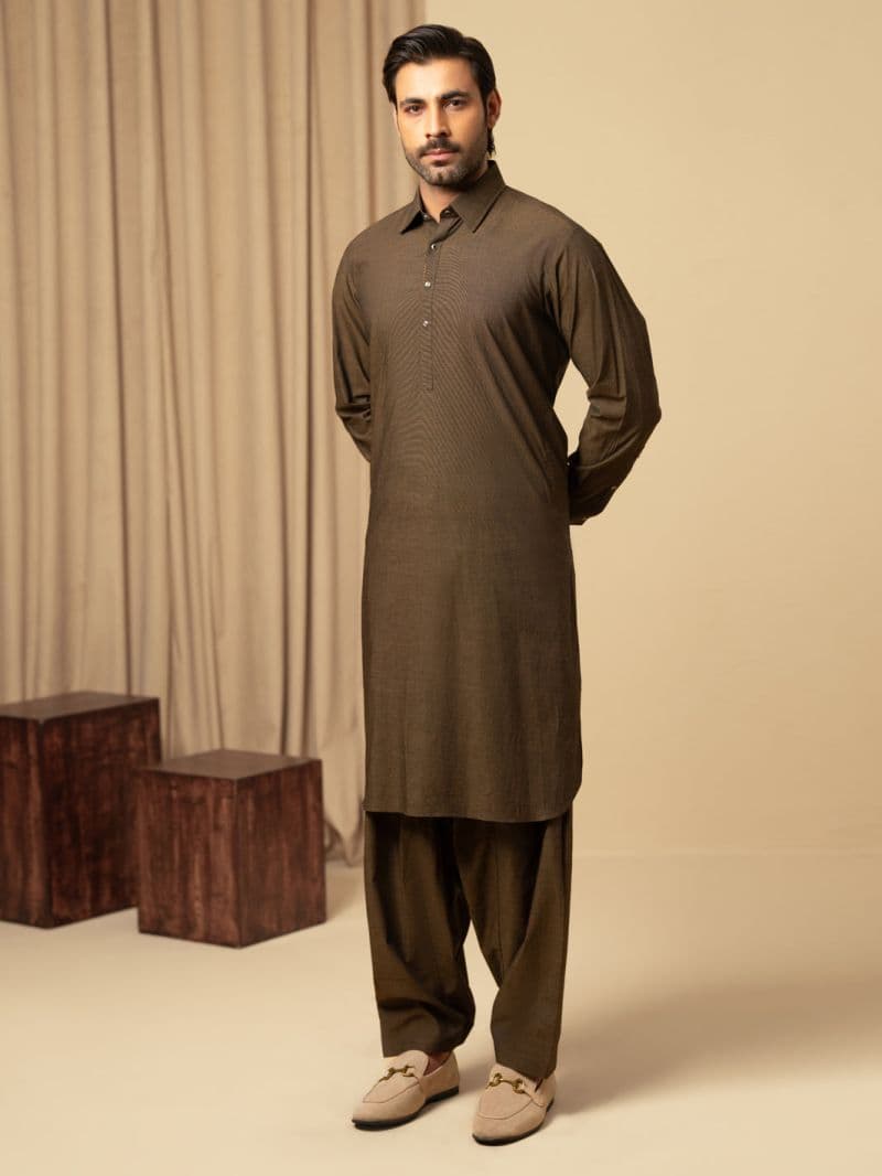 Dark Brown Cotton Kameez Shalwar