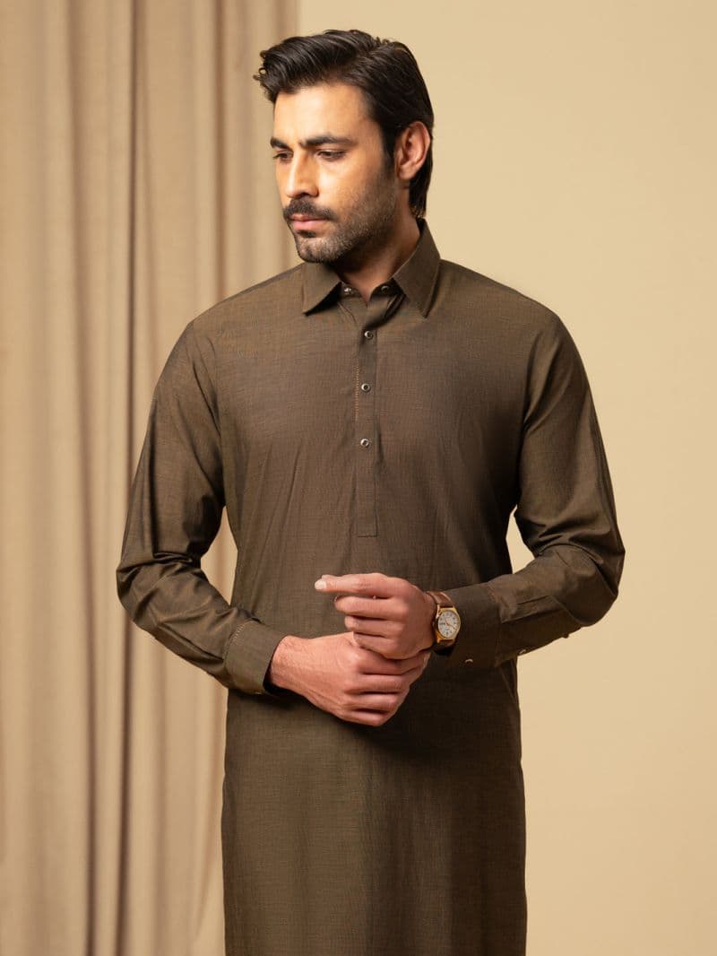 Dark Brown Cotton Kameez Shalwar