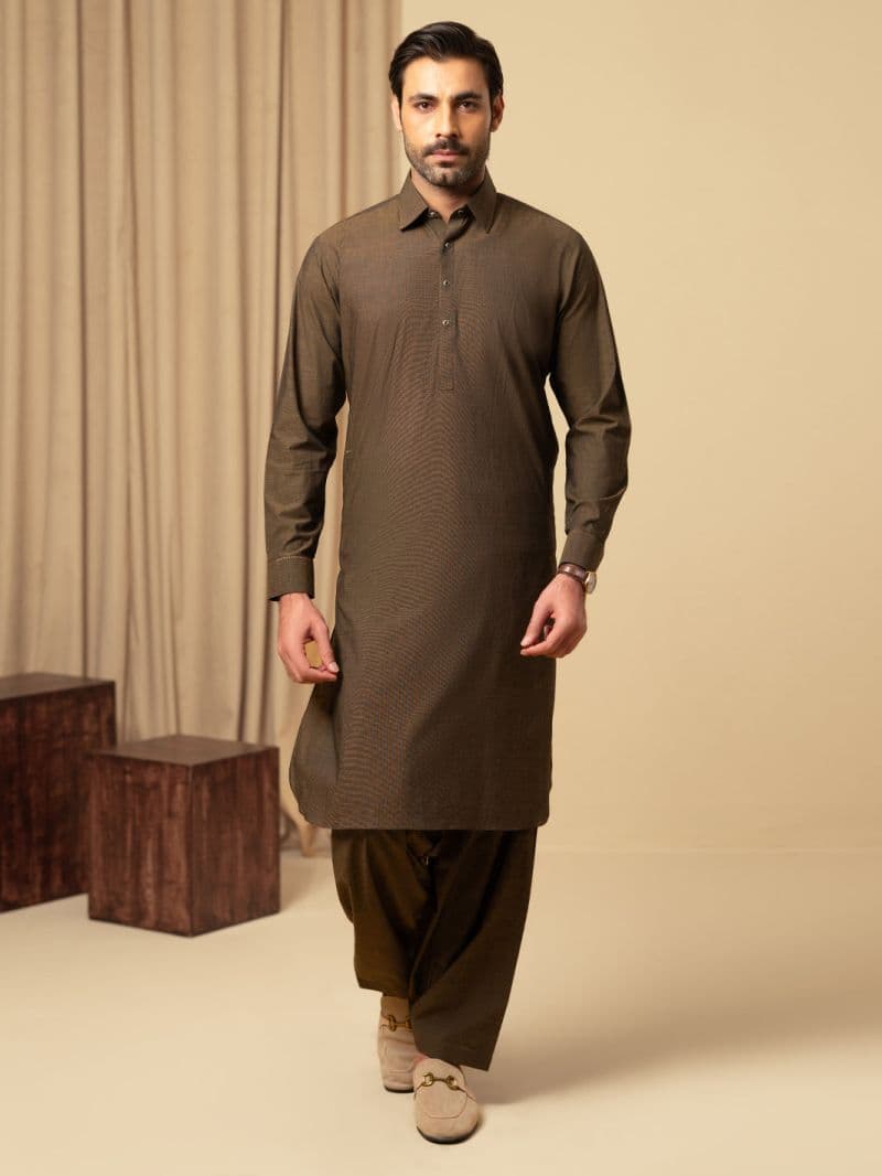 Dark Brown Cotton Kameez Shalwar